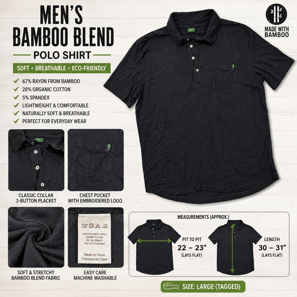 Men Bamboo Blend Polo Shirt Black Short Sleeve Organic Cotton Spandex Large